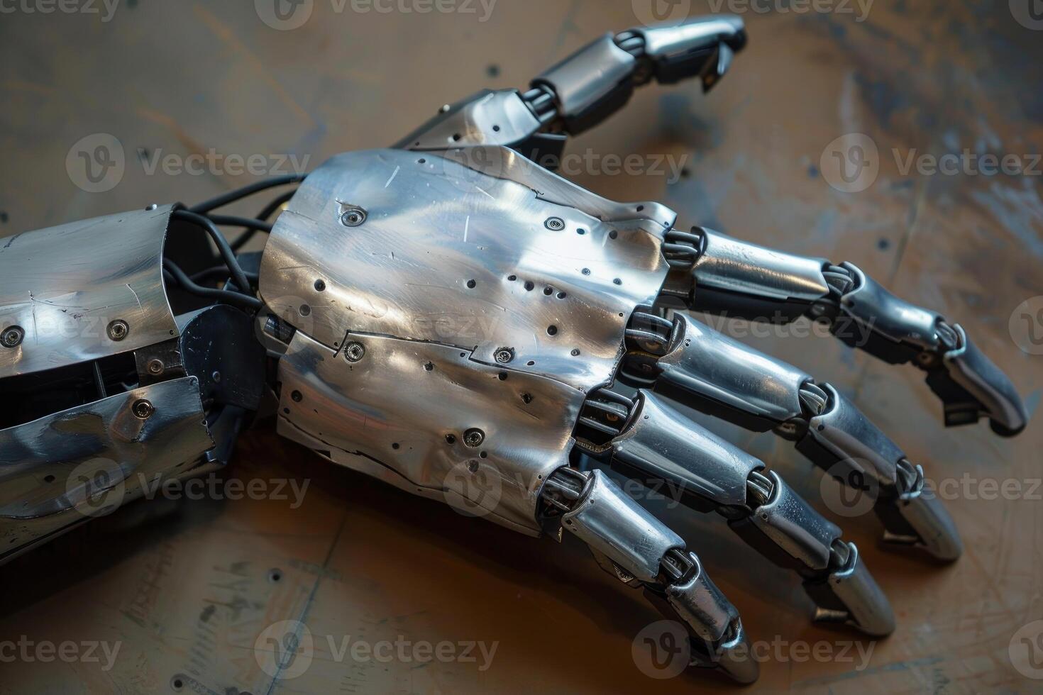 Metallic robotic hand resting on a table photo