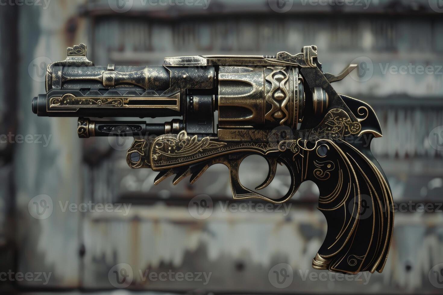 Ornate revolver with gold inlay resting on gray background photo