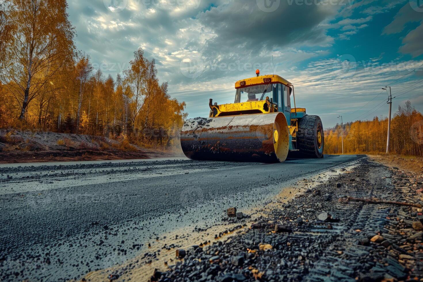 Road roller working and paving new asphalt road under dramatic sky photo