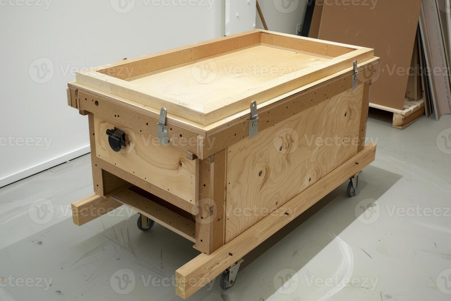 Large wooden crate with wheels standing on concrete floor photo