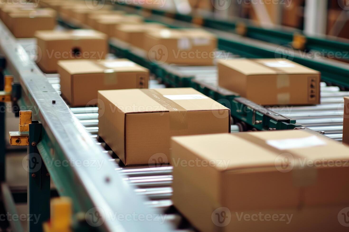 Cardboard boxes moving on conveyor belt in distribution warehouse photo