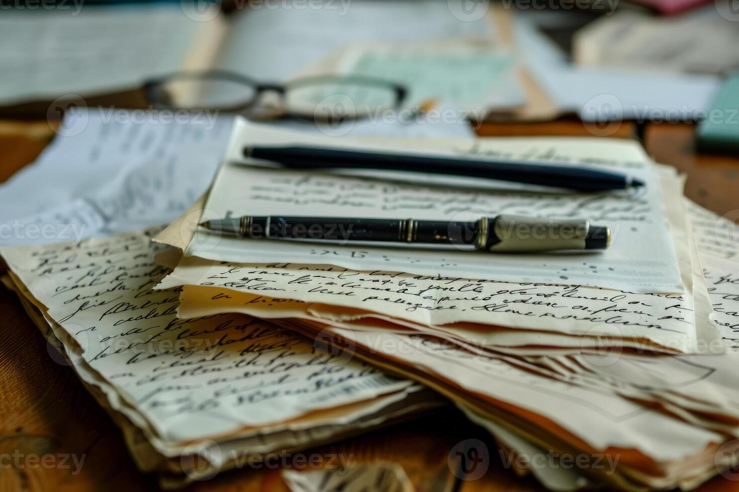Two fountain pens laying on top of stack of old letters on wooden desk photo