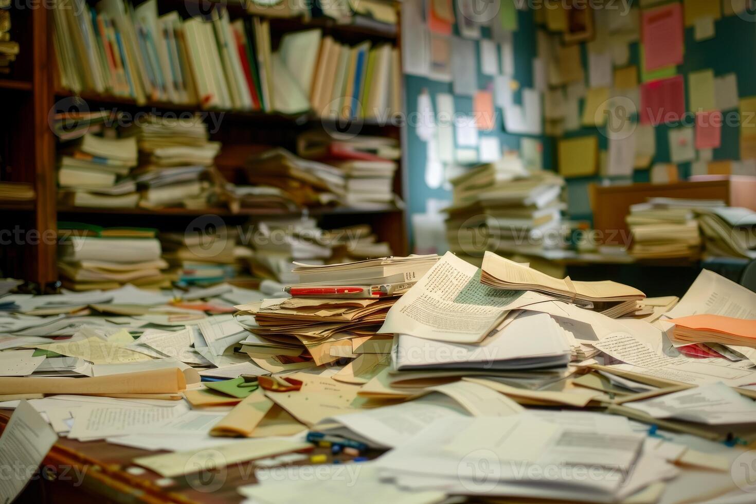 Messy desk overflowing with documents and books in office photo
