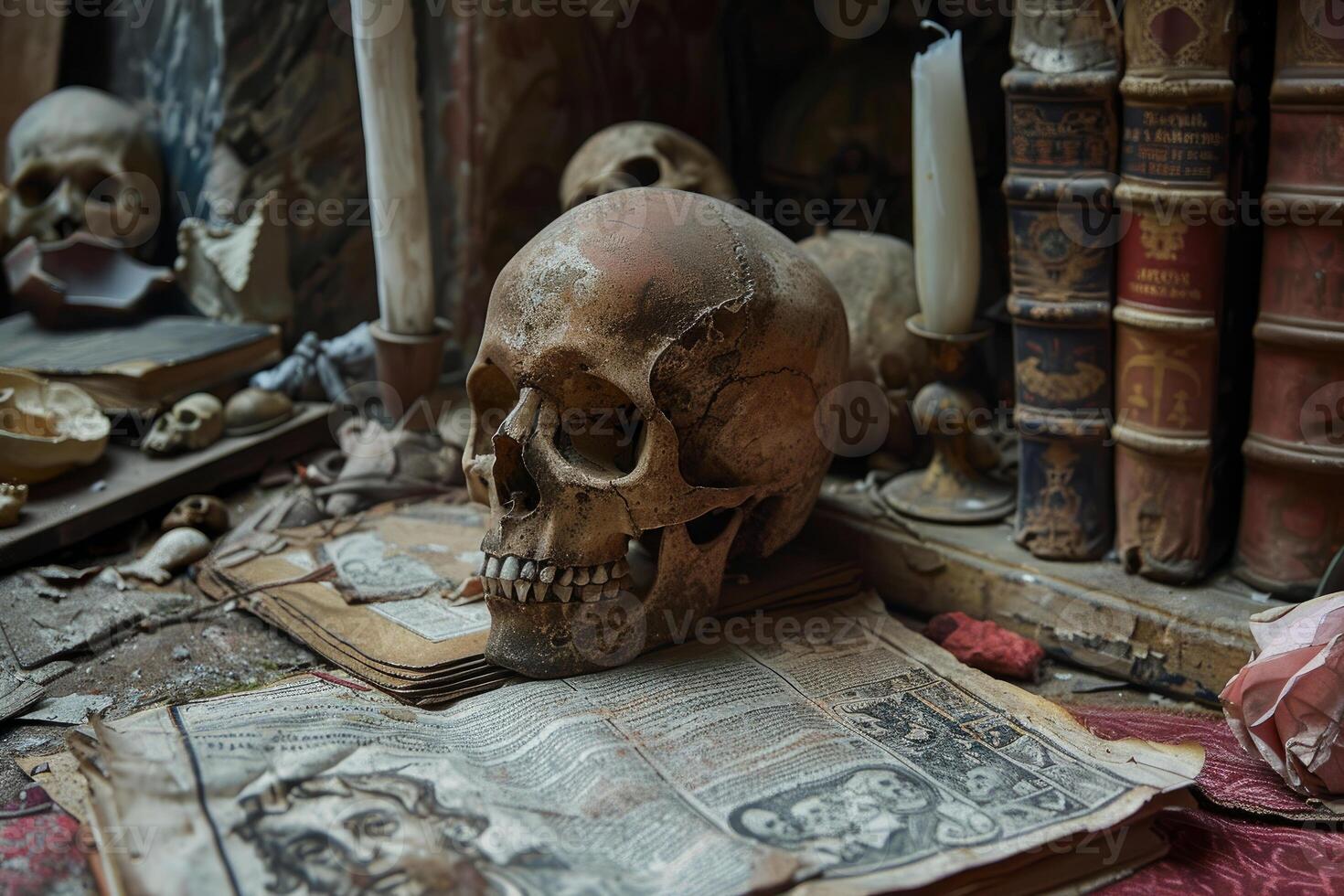 Human skull resting on dusty books in ancient study photo