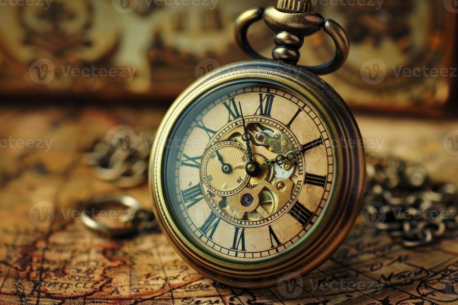 Vintage antique pocket watch telling time on old world map photo