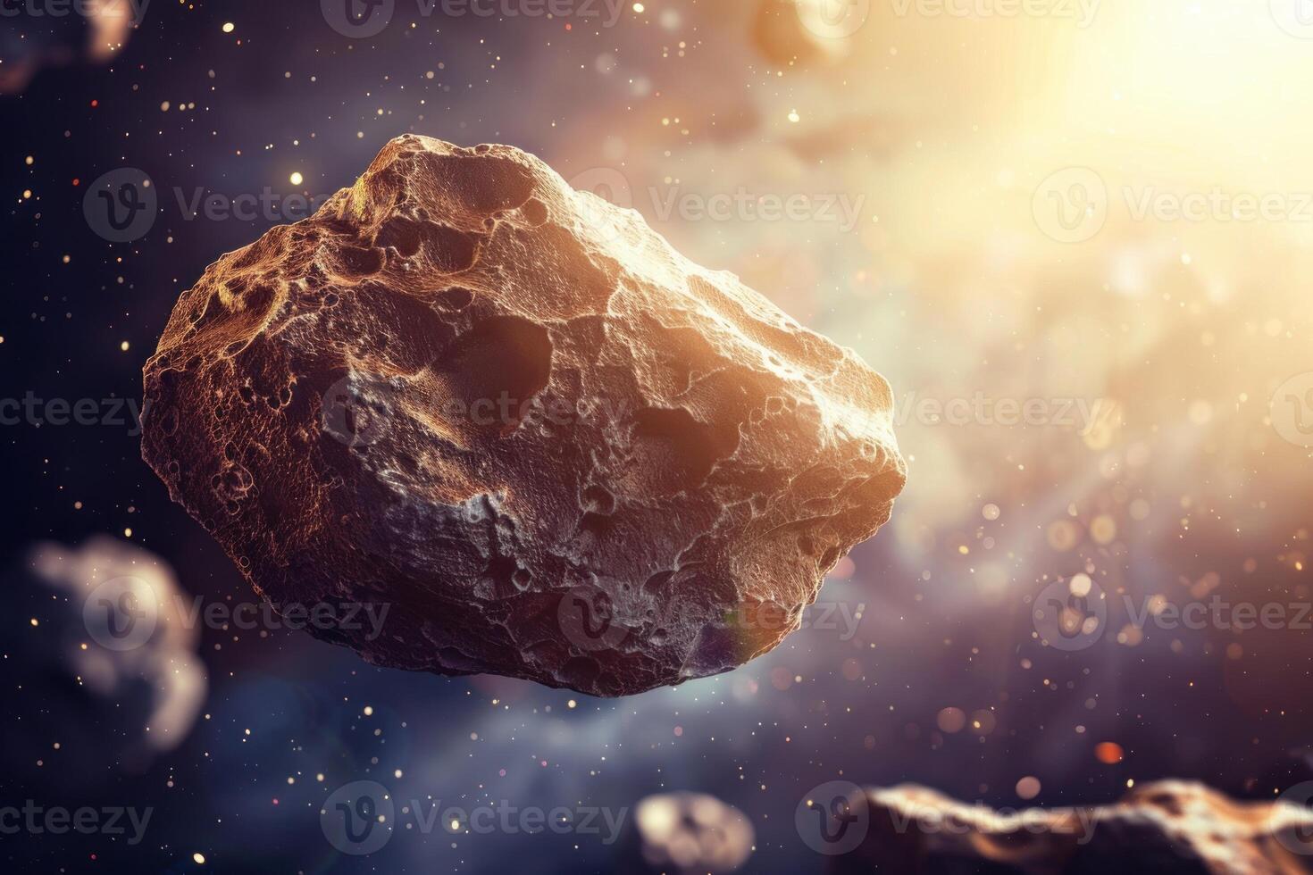 Huge asteroid floating in space near sun on galaxy background photo