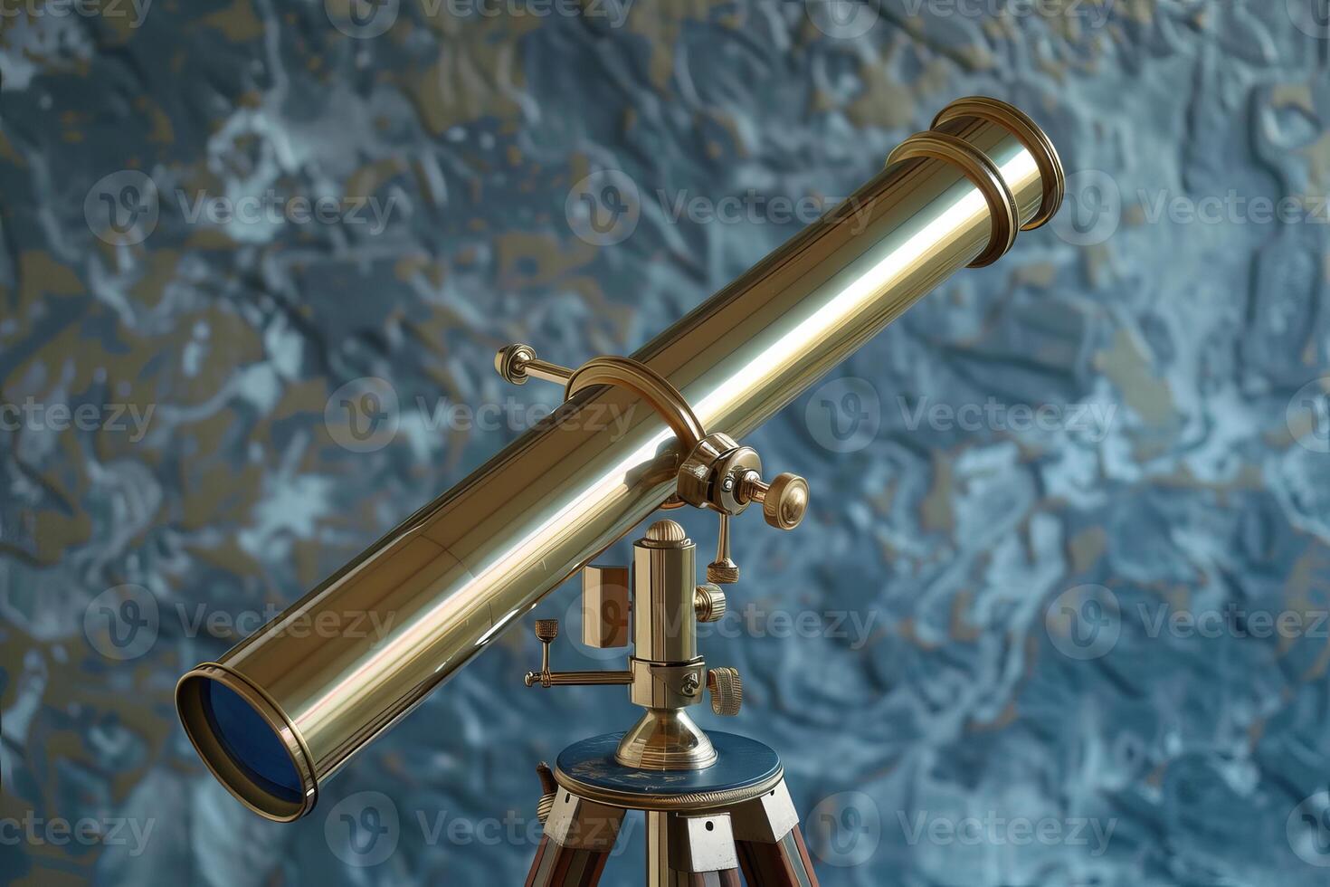 Antique brass telescope standing on a tripod is pointing to the left photo