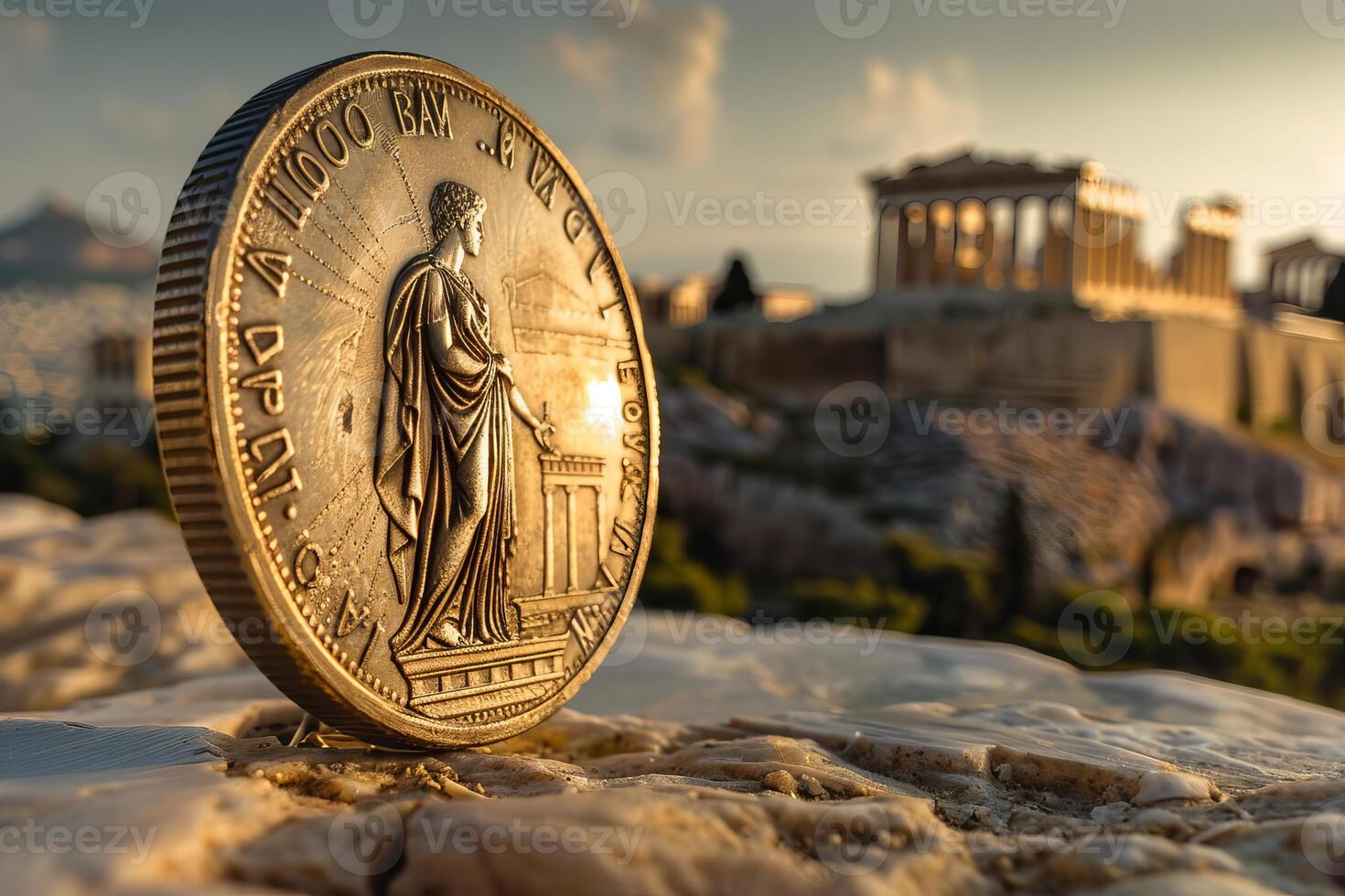 Old greek drachma coin standing with acropolis in the background photo