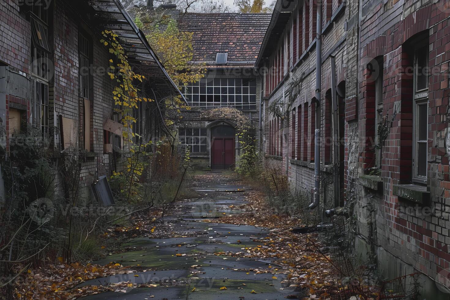 Pathway leading to abandoned industrial building with broken windows photo