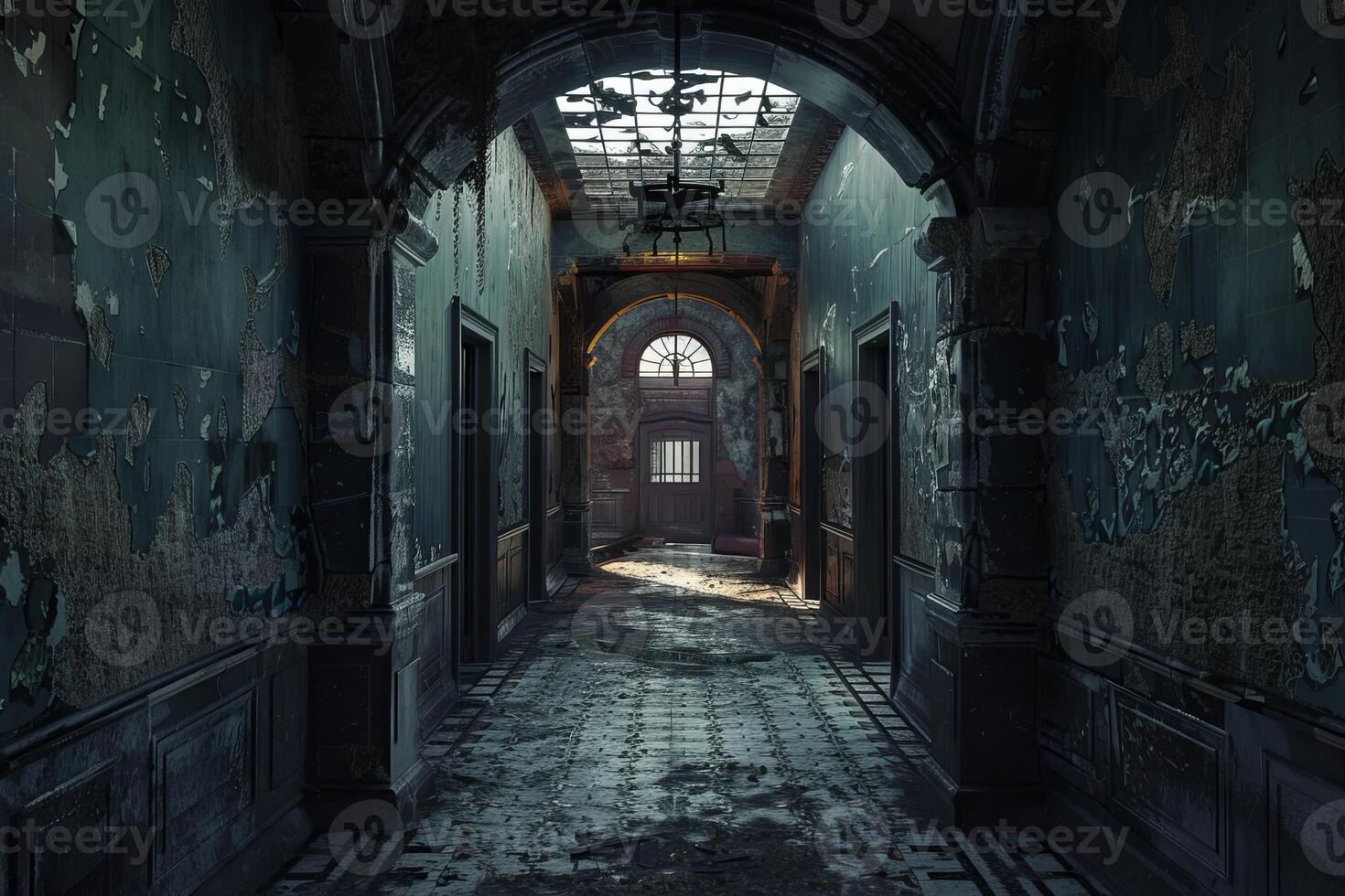 Deserted hallway with broken windows showing crumbling interior design photo