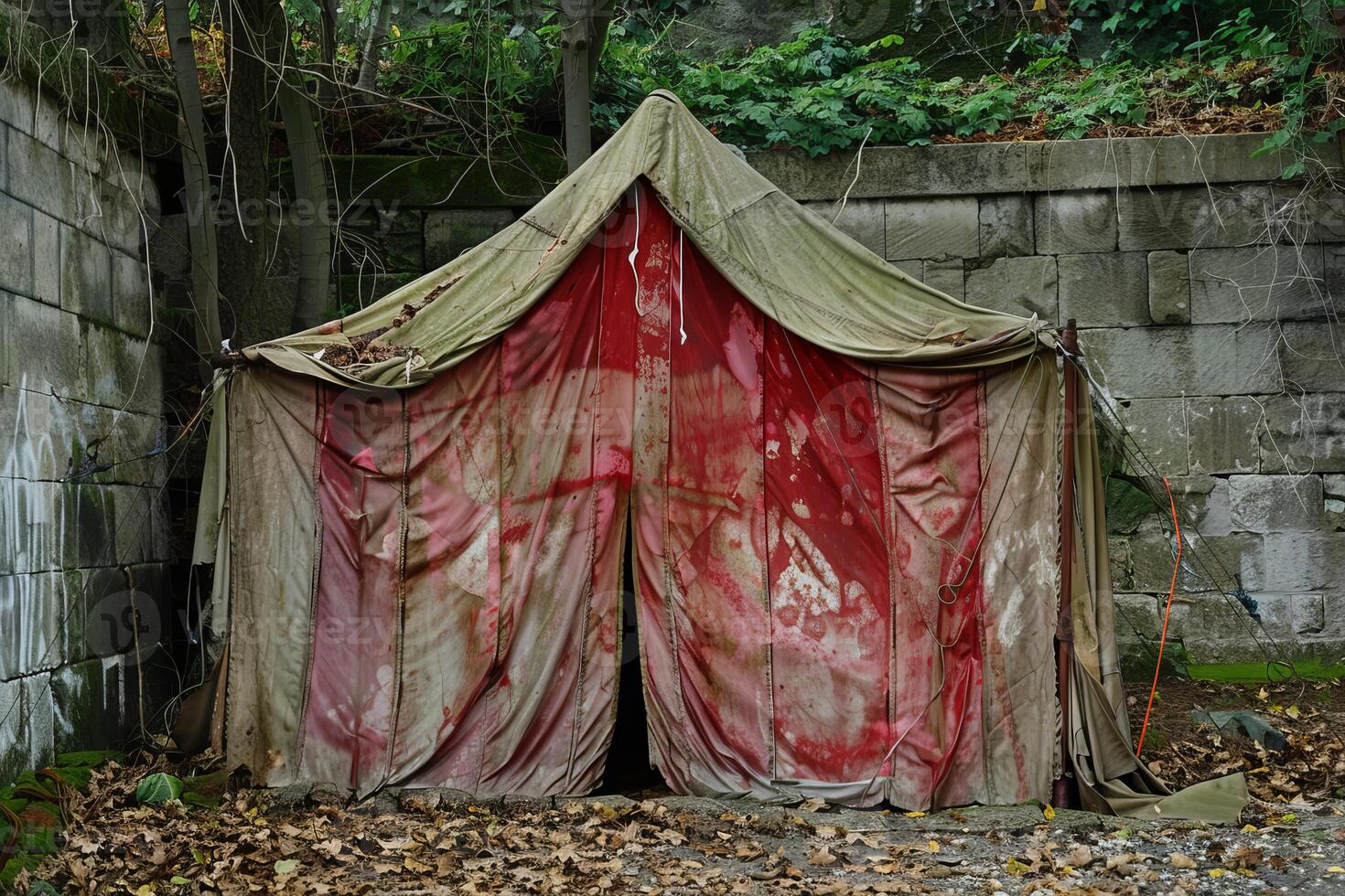 Old red and white canvas tent standing in the woods photo