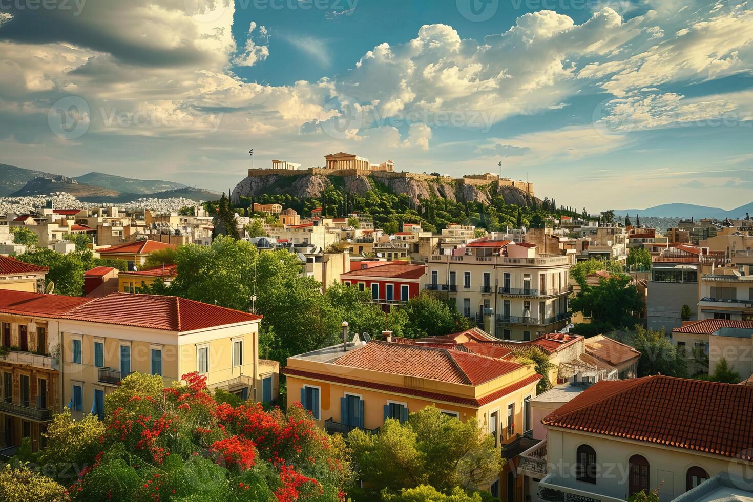 The acropolis of athens is dominating the plaka district in greece photo