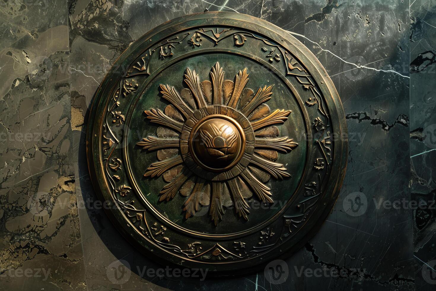 Ancient greek shield hanging on a marble wall background photo