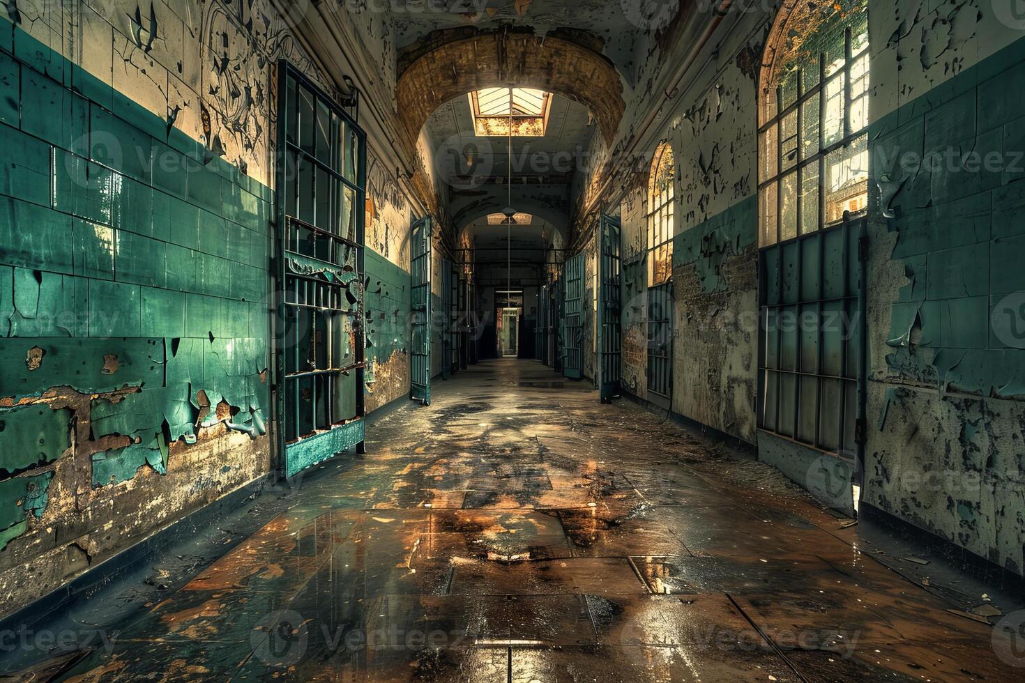 Creepy old prison hallway with peeling paint and rusted bars photo