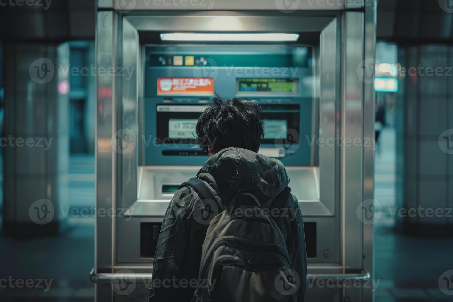 Young man withdrawing money at the atm in subway station photo