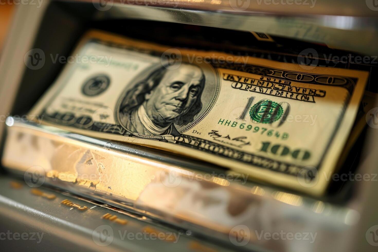 Stack of one hundred dollar bills being withdrawn from atm photo