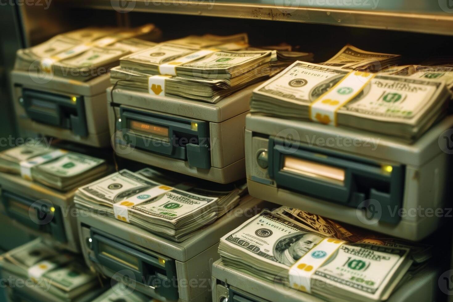 Stacks of hundred dollar bills stored in safety deposit boxes at bank vault photo