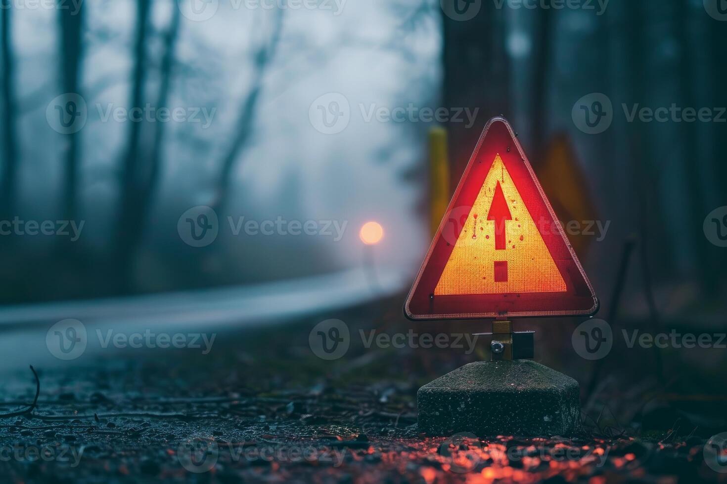 Glowing road sign illuminating the forest in the fog photo
