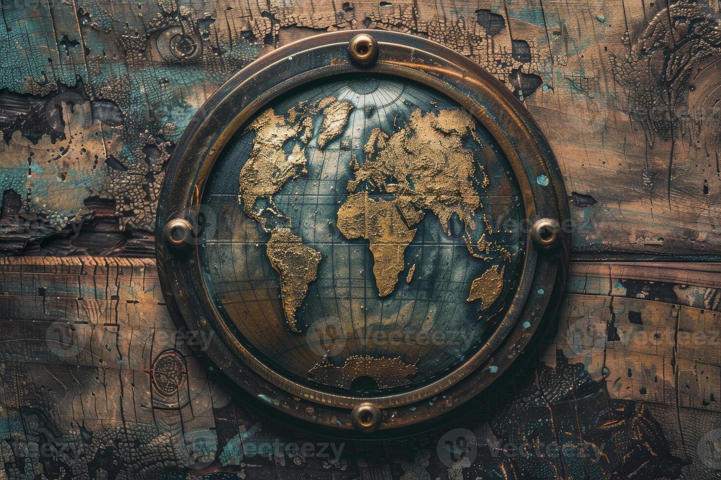 Golden world map in a porthole on rustic wooden background representing exploration photo