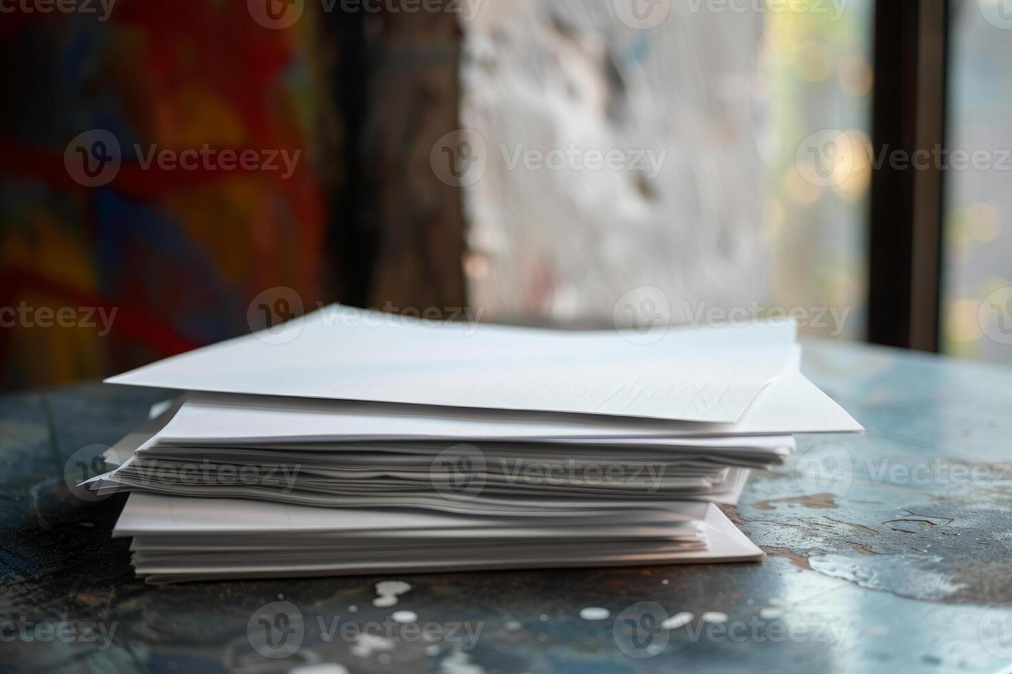 Stack of papers lying on a metal table waiting to be read photo