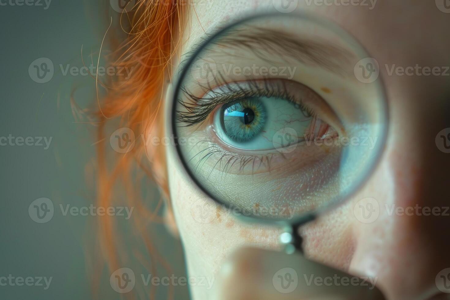 Woman with freckles holding magnifying glass near eye photo