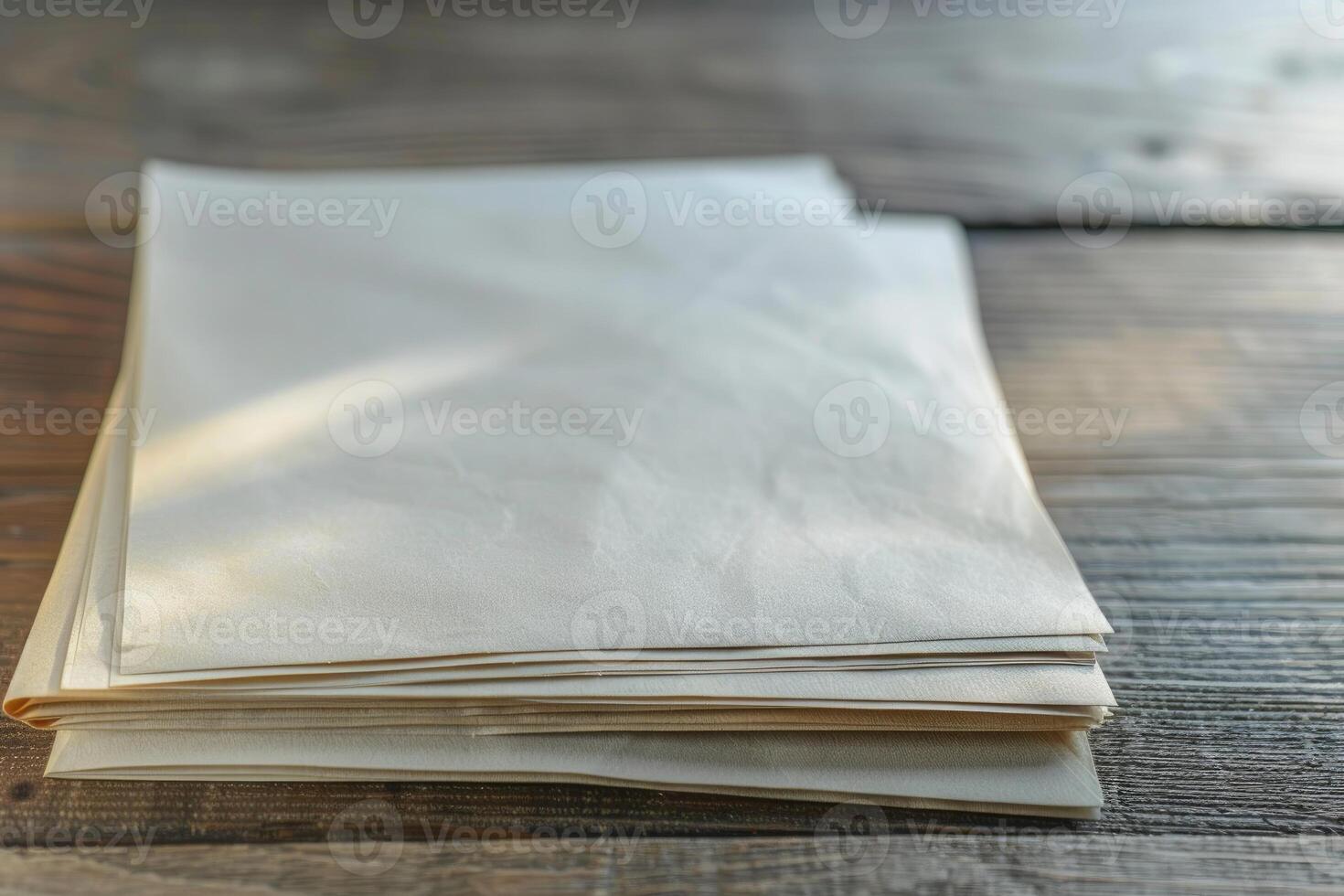 Stack of blank papers is lying on a wooden table photo