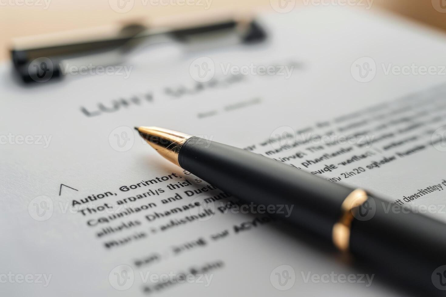 Elegant pen lying on important paper contract with clipboard photo