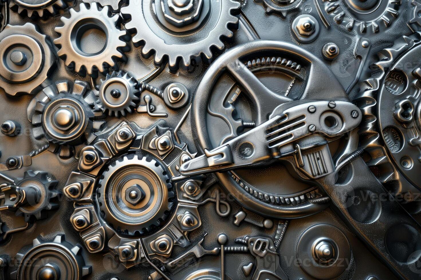 Metallic mechanism with many interlocking gears is working photo