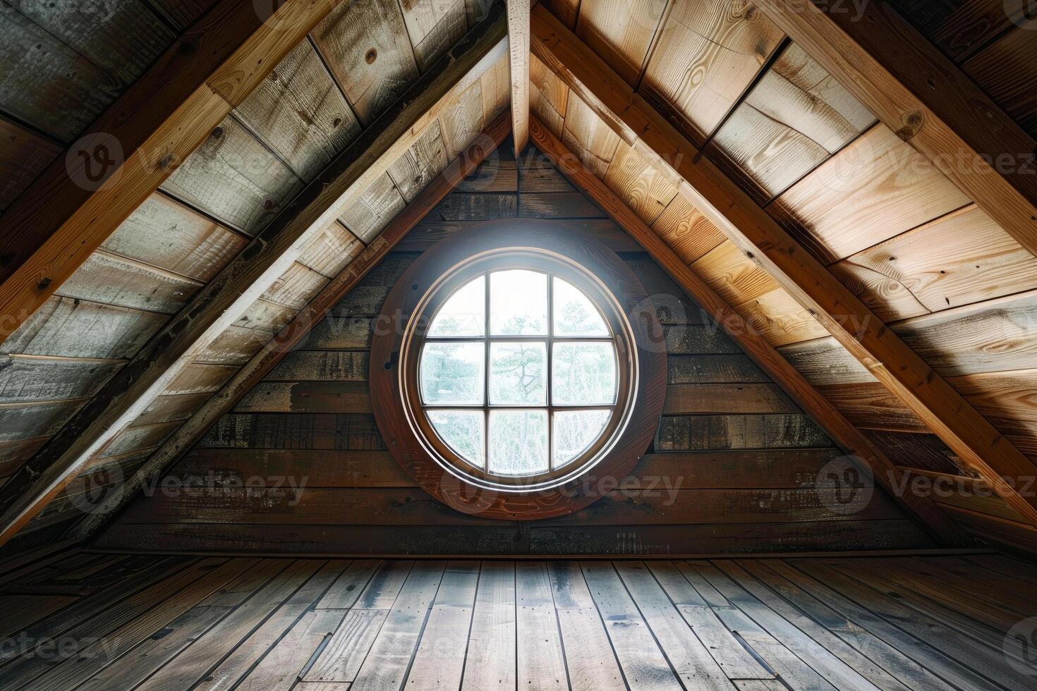 Empty attic room with round window and wooden roof, walls and floor photo