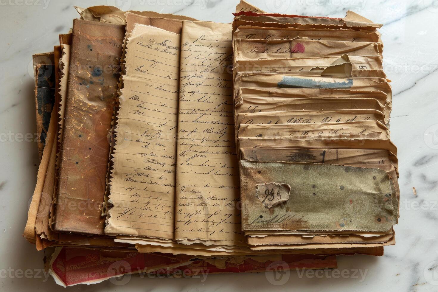 Old handwritten letters and documents forming a pile are showing the wear and tear of time photo