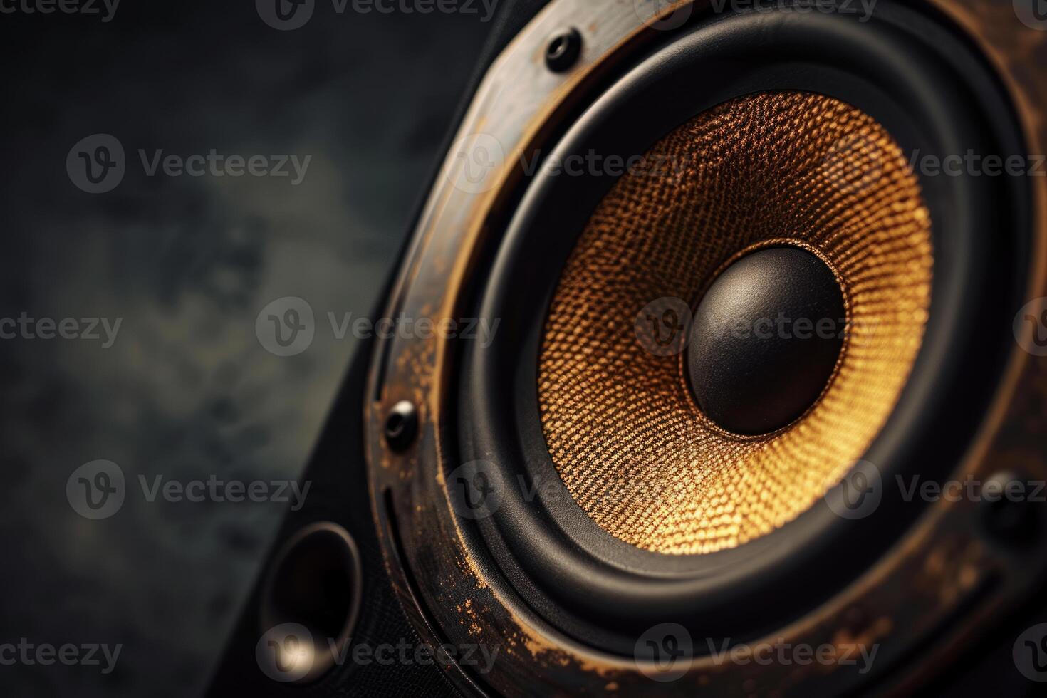 Close up of a professional audio speaker vibrating photo