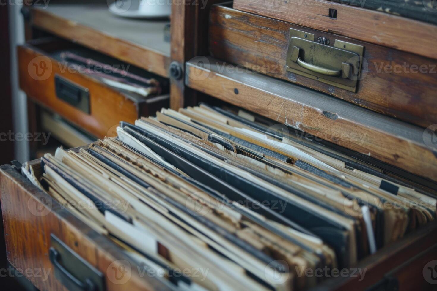 Old wooden filing cabinet containing many files is opened photo