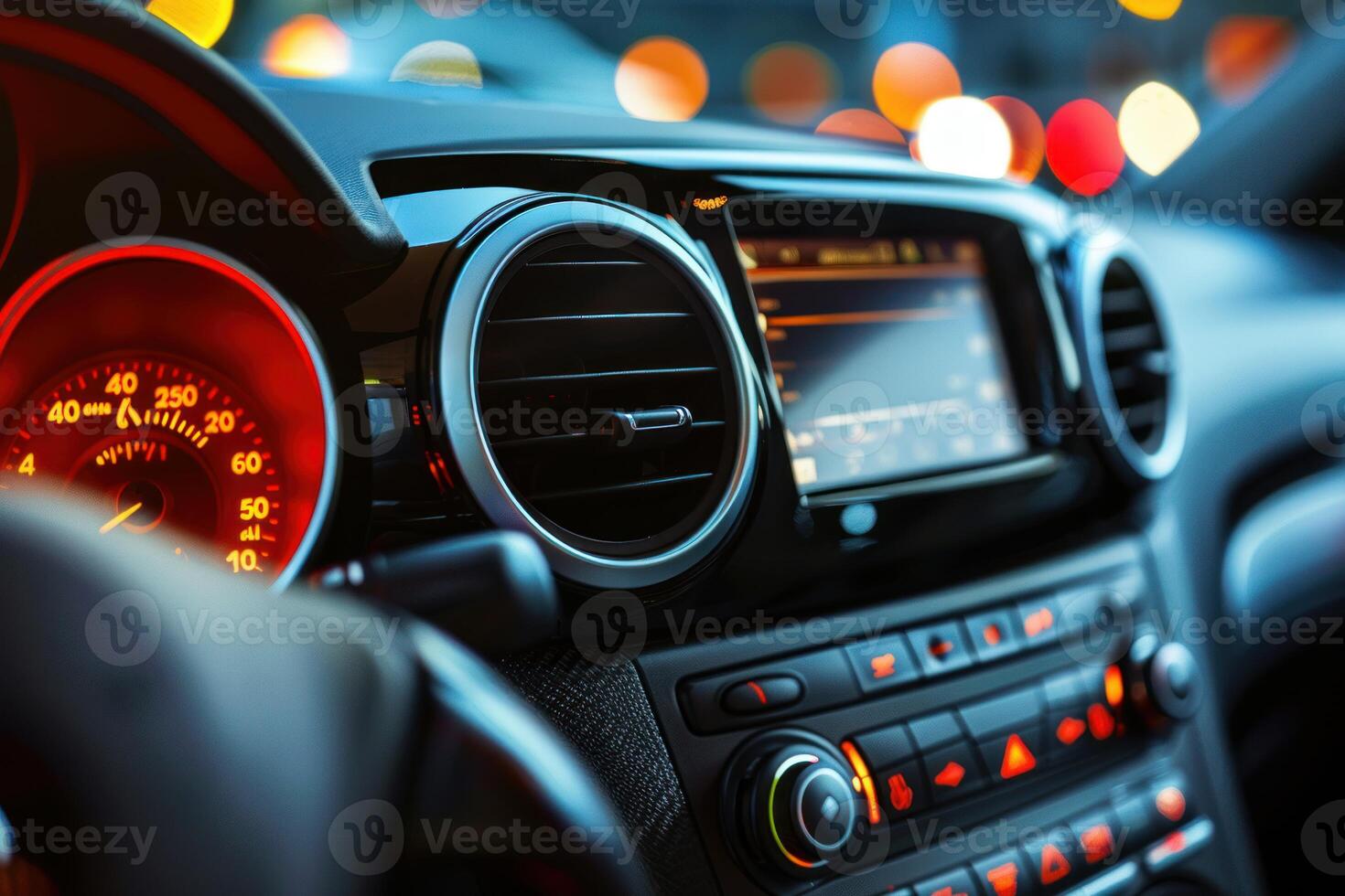 Interior of a modern car with the dashboard illuminated at night photo