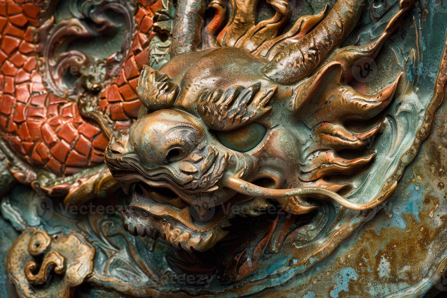Ancient chinese dragon sculpture showing intricate details photo
