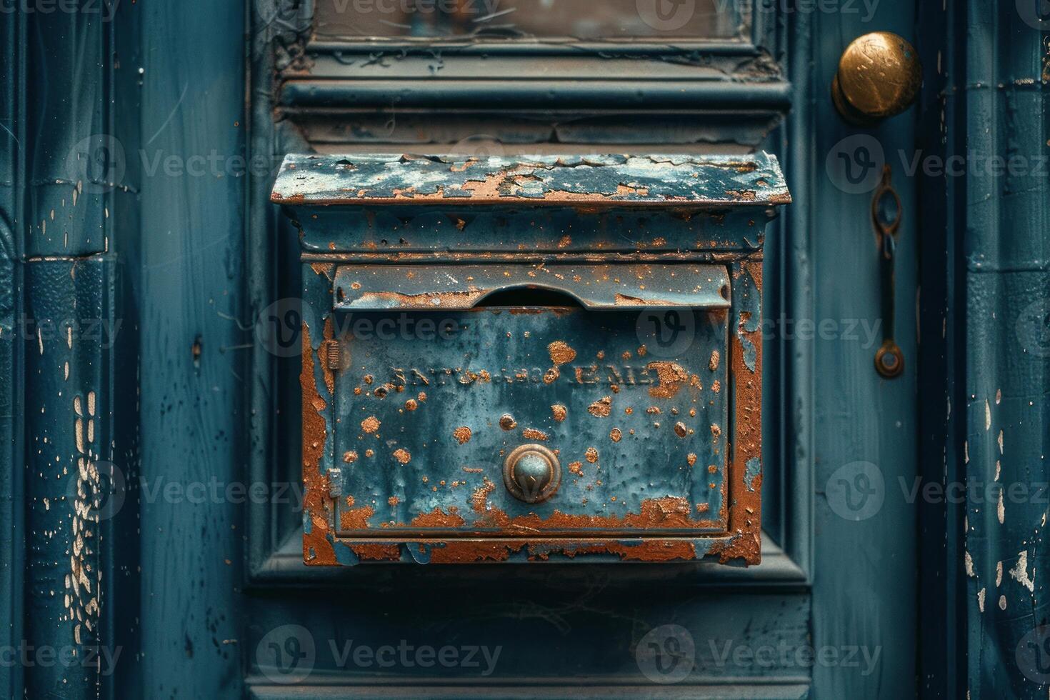 Old rusty mailbox hanging on a blue door is showing its age photo