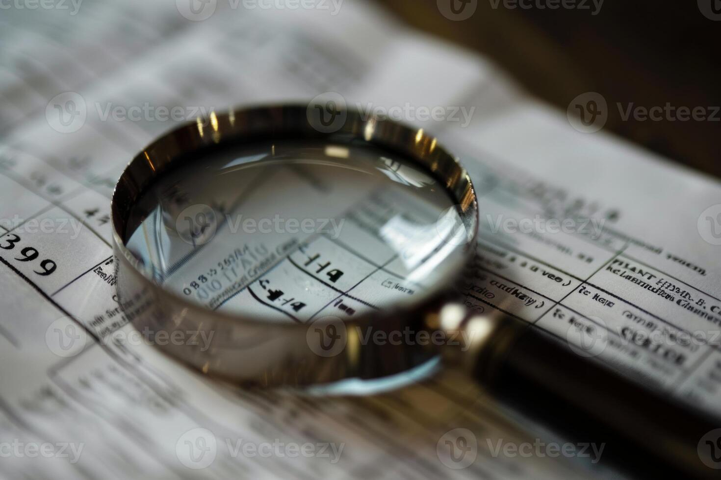 Magnifying glass analyzing numbers on paper document for mistakes photo