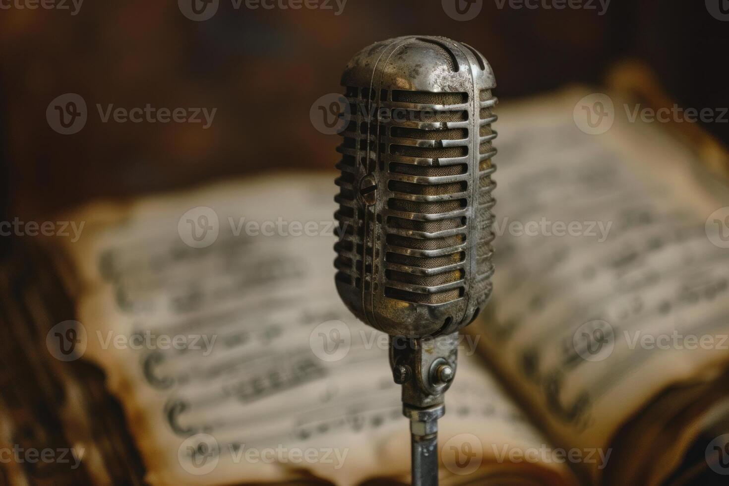 Vintage microphone standing in front of open music book photo