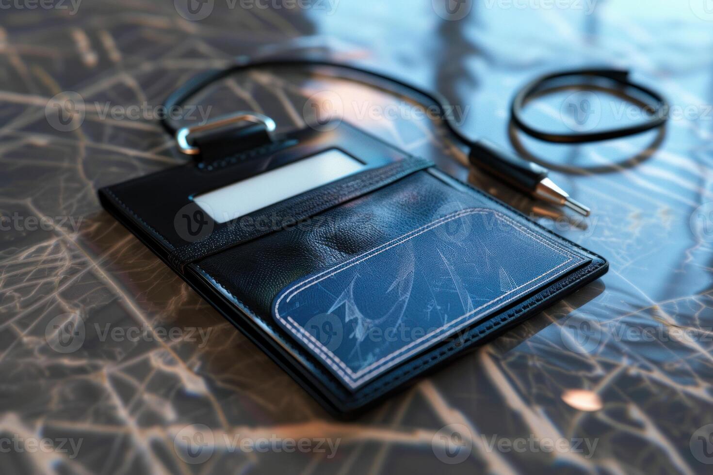 Black leather name tag holder lying on glass table photo