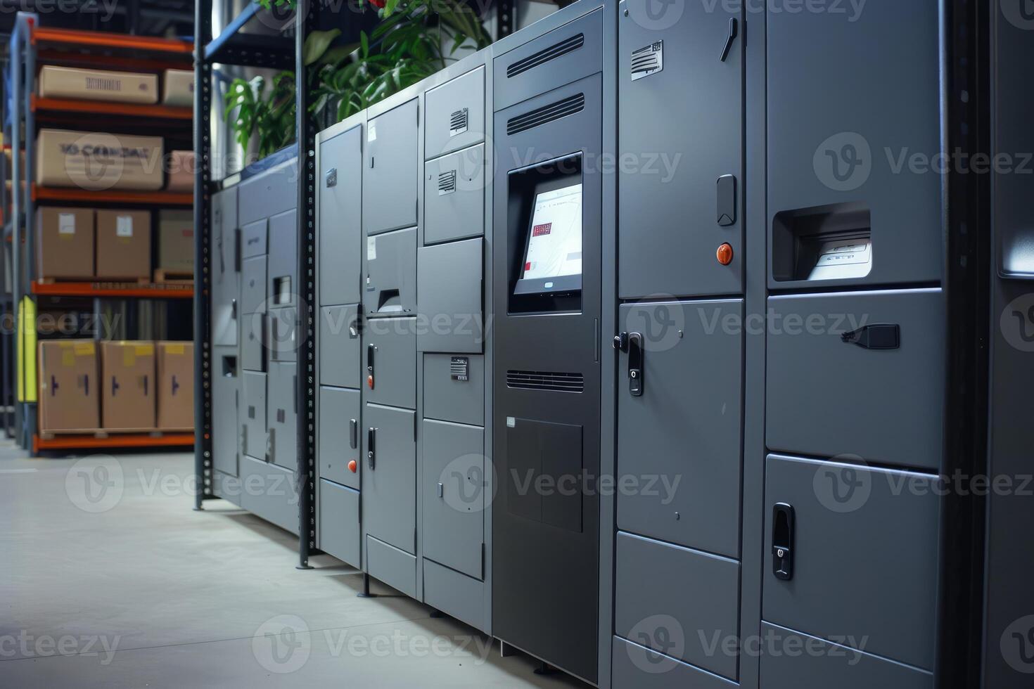 Modern automated parcel lockers with touch screen display in warehouse photo