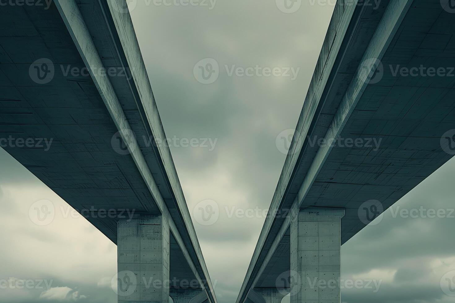 Two concrete bridges converging under cloudy sky photo