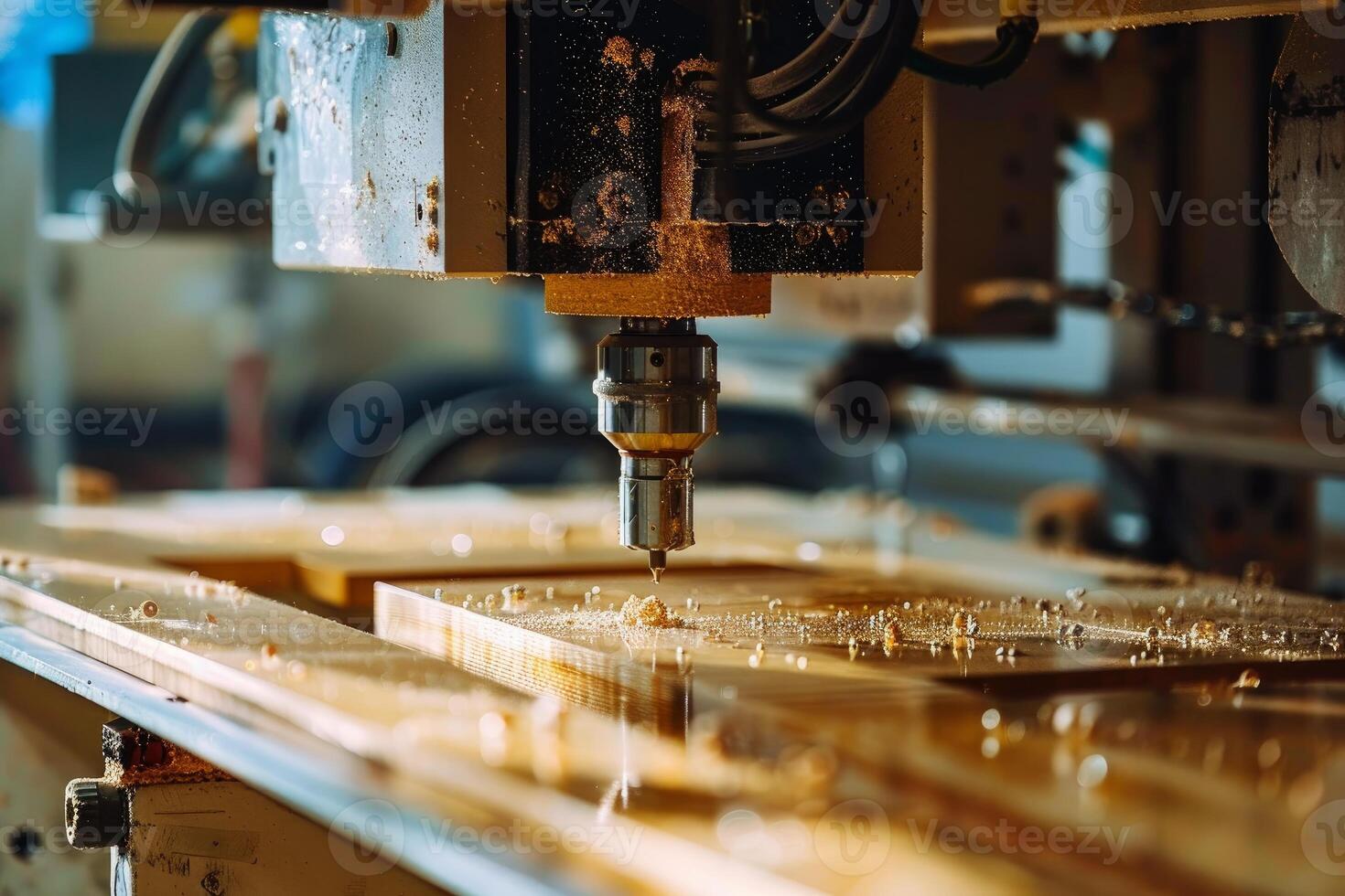 Cnc machine routing wood with sawdust flying around photo
