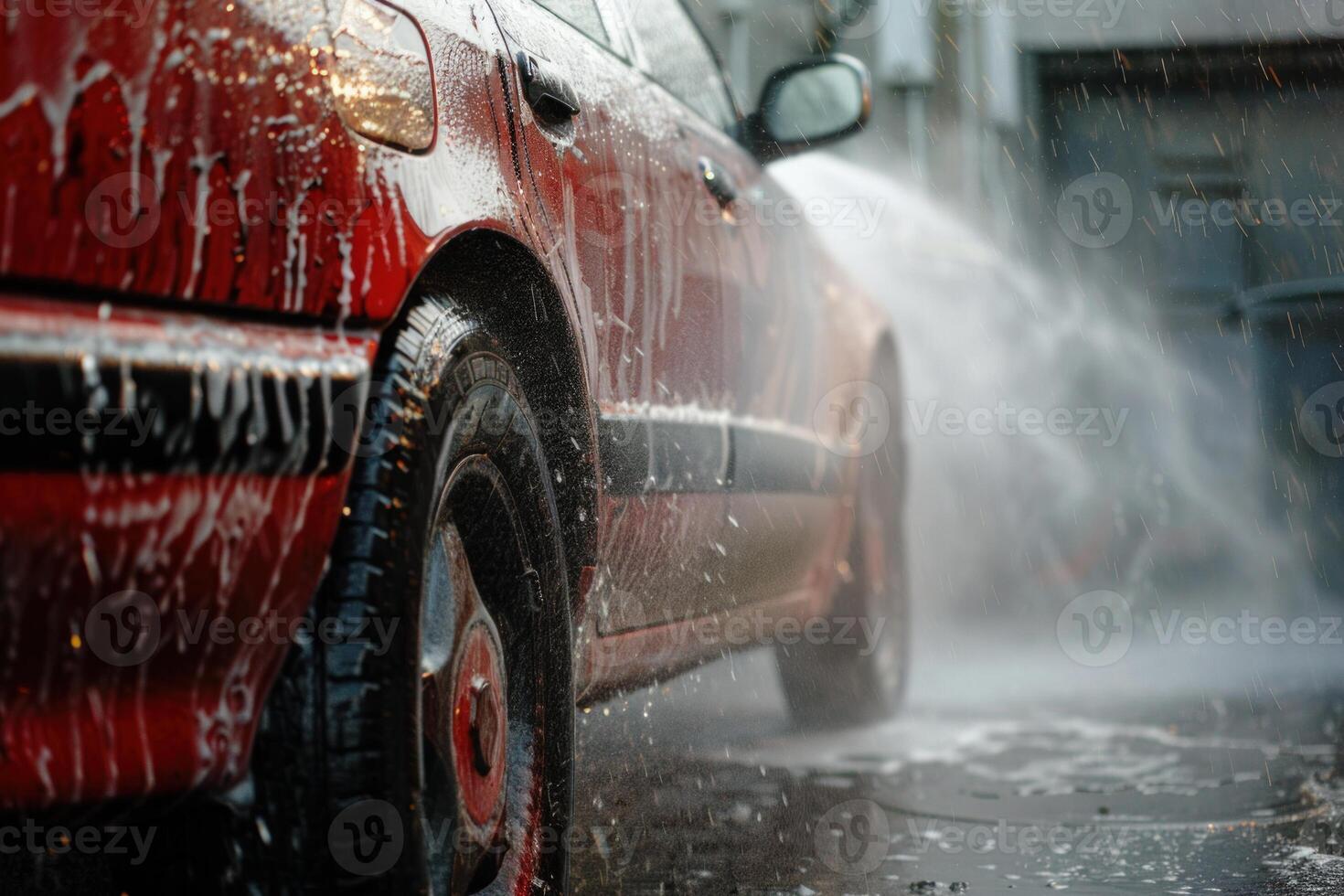 Car wash worker spraying soap on red car during detailing photo