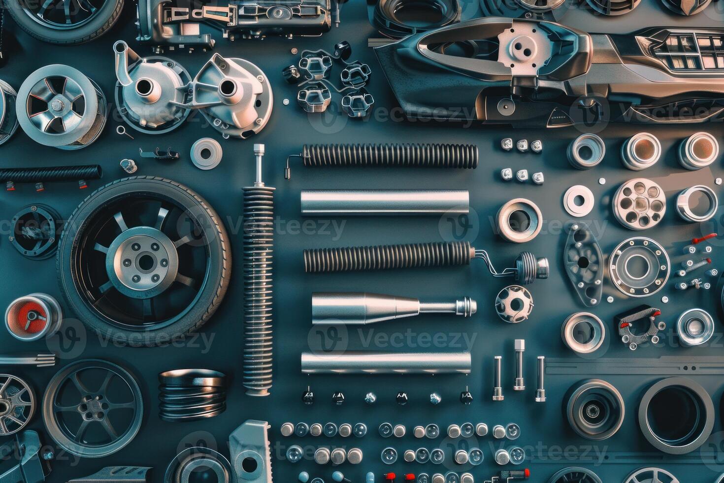 Variety of metal car and motorcycle parts forming abstract background photo