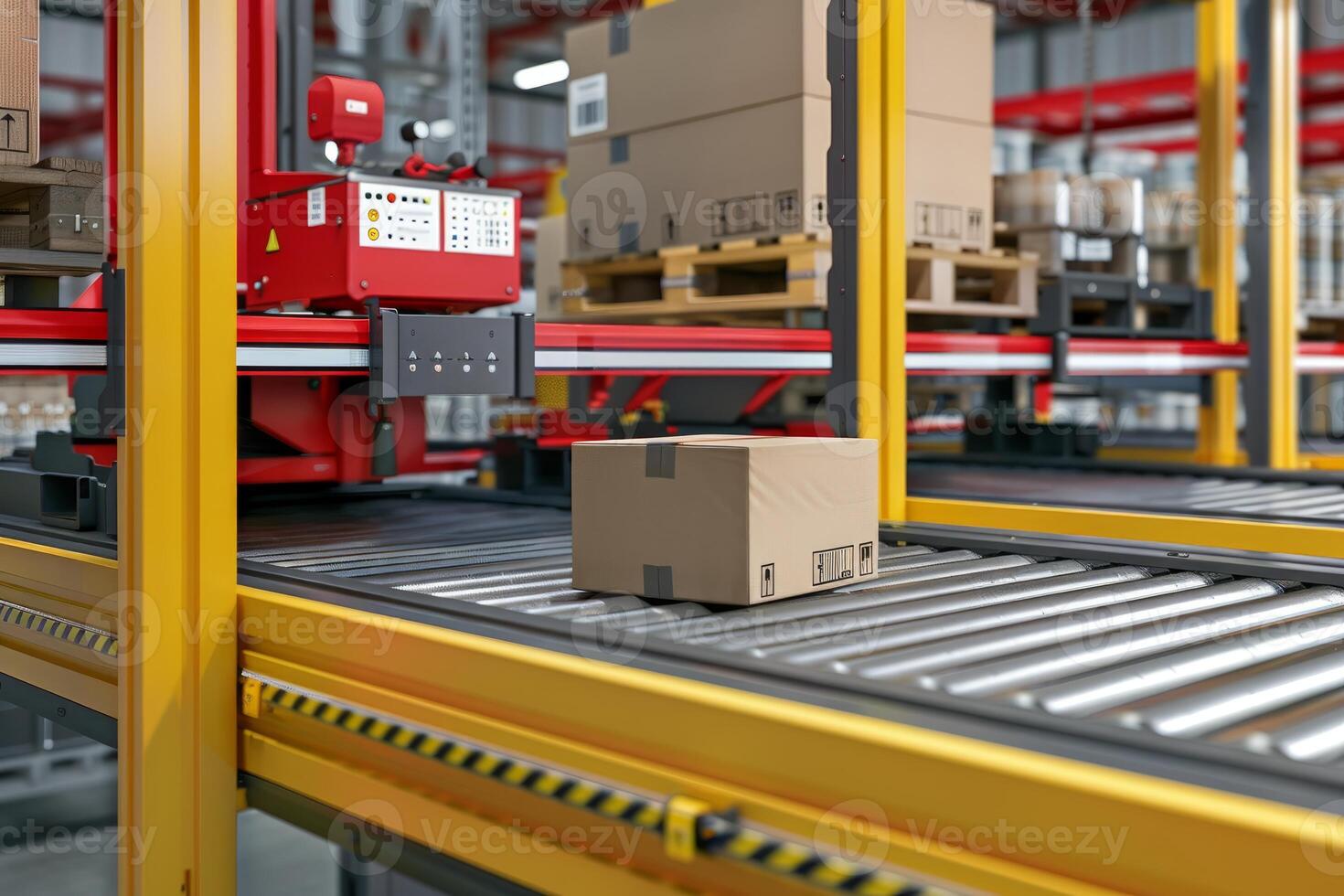 Cardboard box moving on conveyor belt in distribution warehouse photo