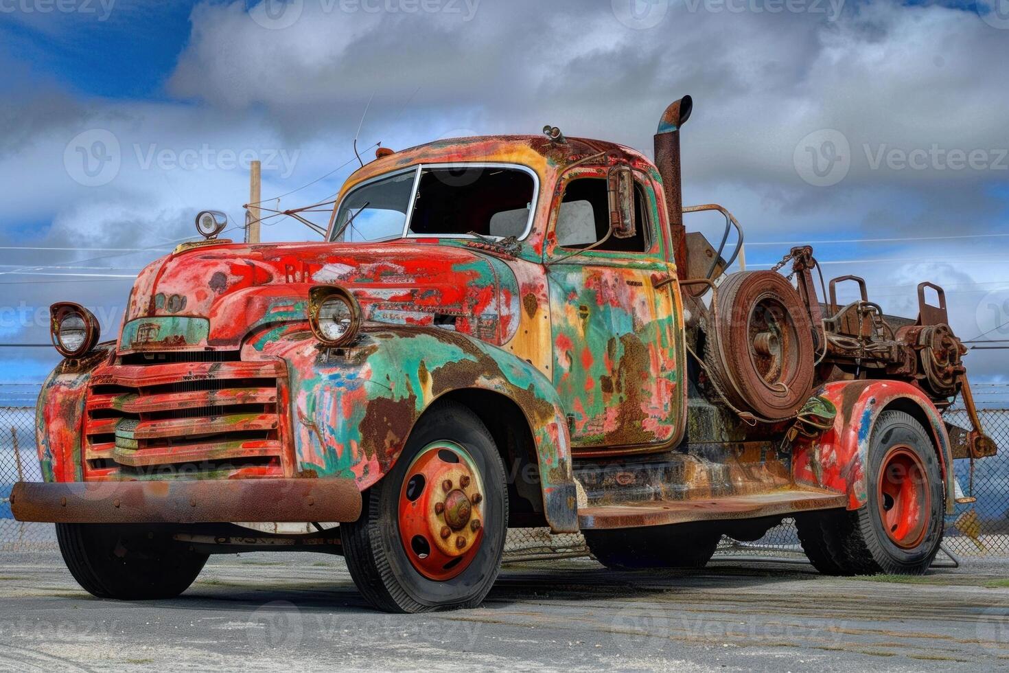 Old rusty tow truck with peeling paint parked under cloudy sky photo