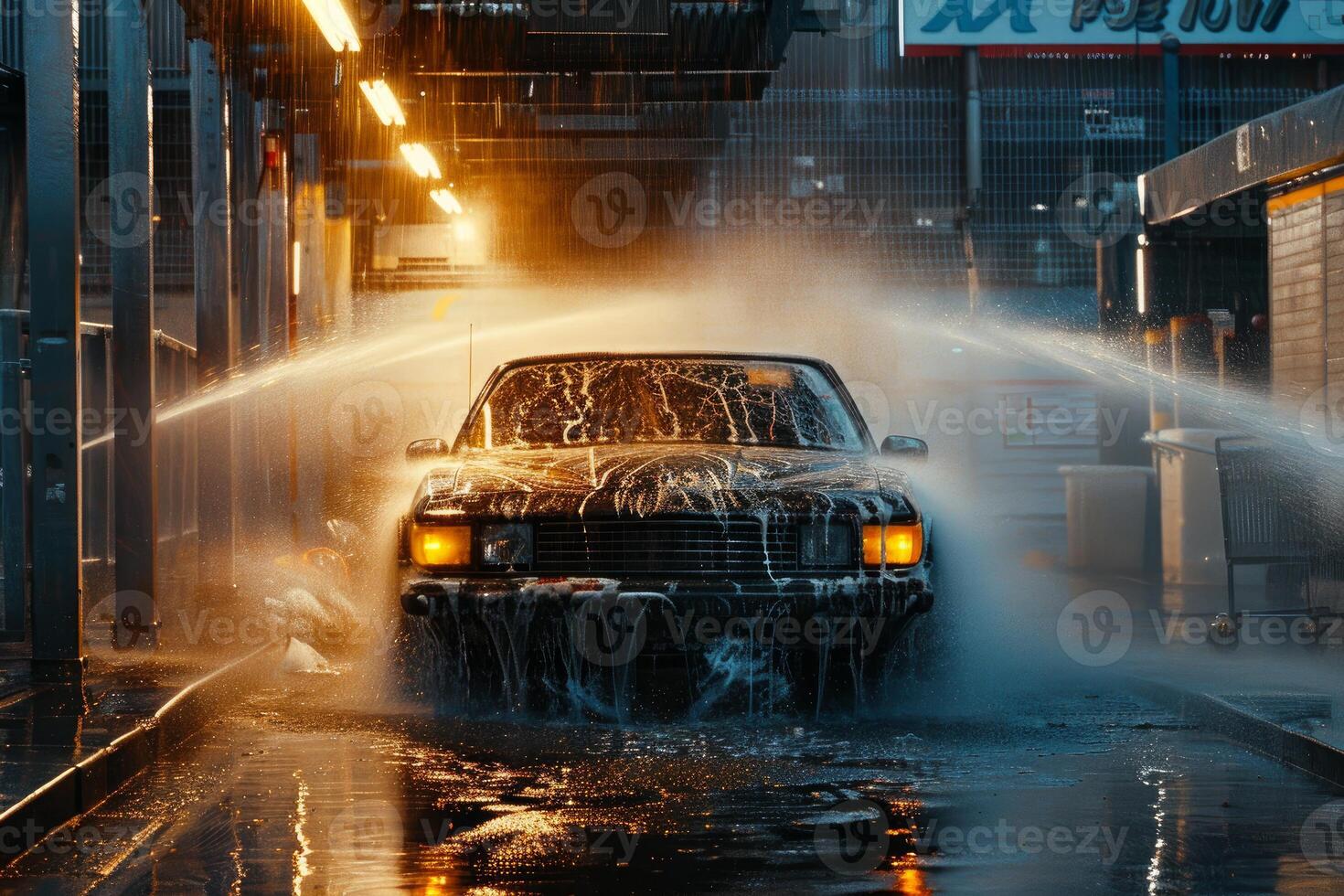 Black car getting washed at automatic car wash at night photo