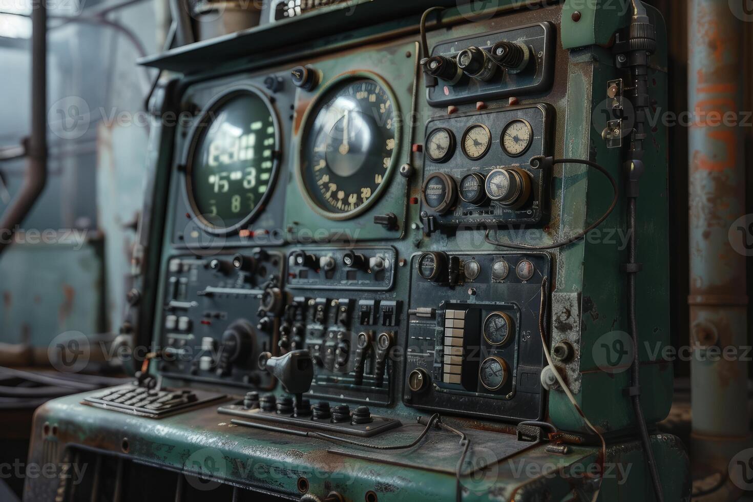 Old analog control panel showing time speed and altitude meters photo