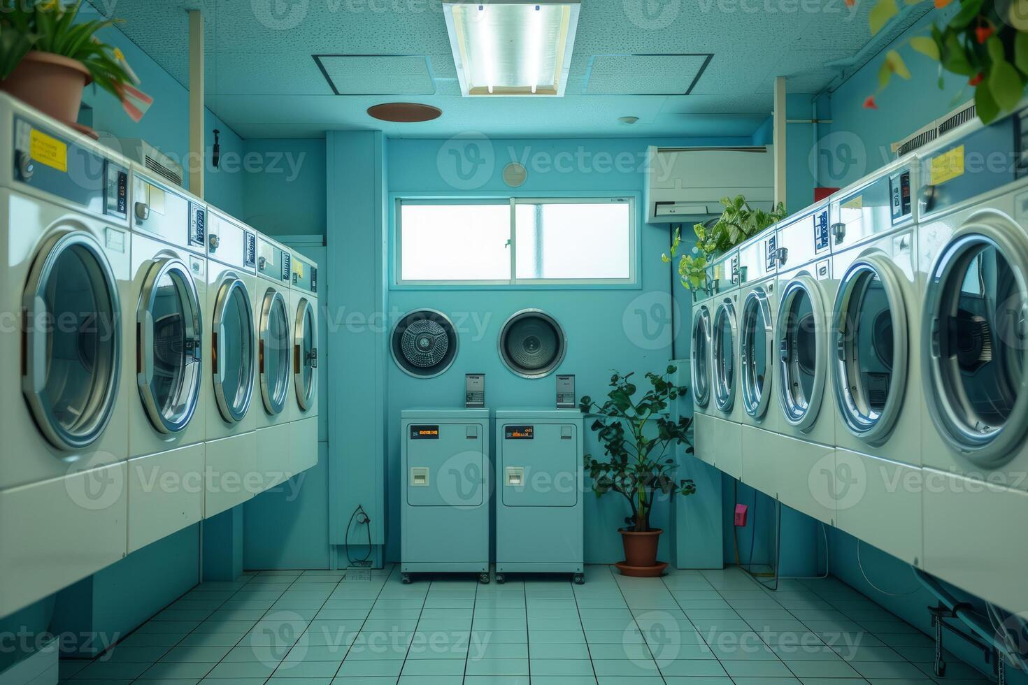 Rows of washing machines and dryers in laundromat with blue walls photo