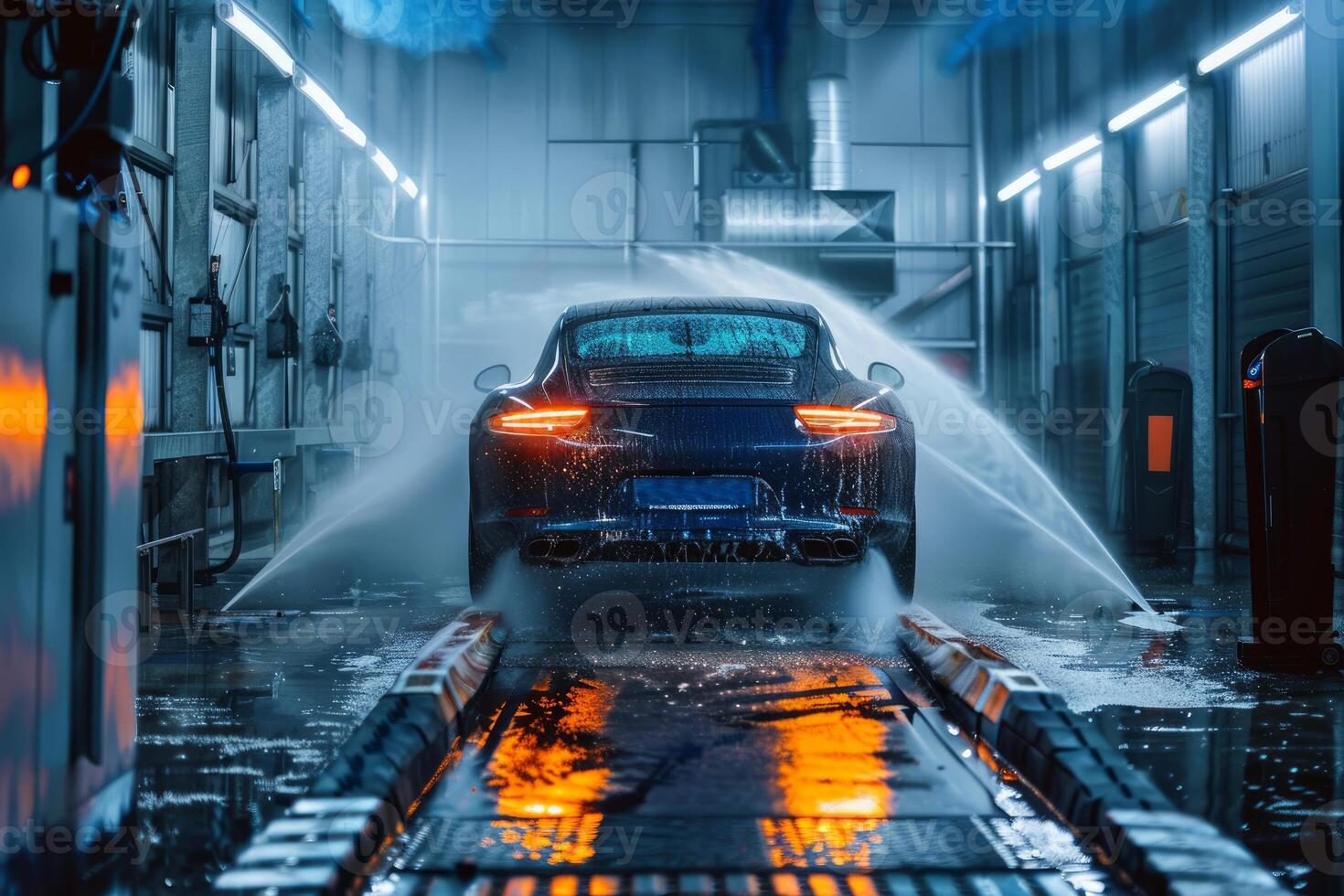 Modern blue car getting automated touchless wash in a service center photo