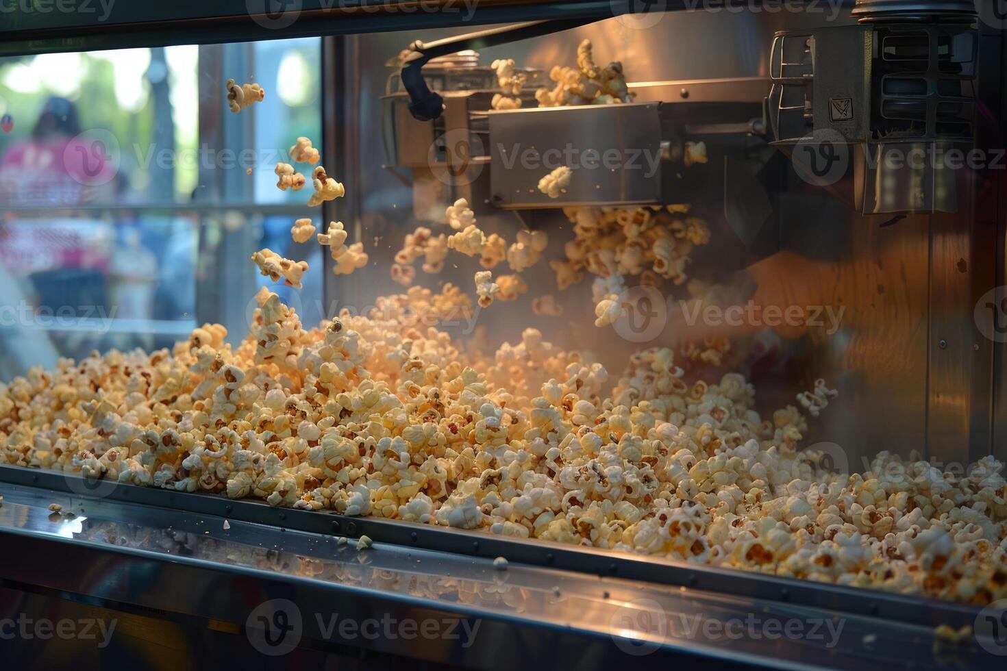Popcorn machine popping fresh buttery popcorn for customers photo